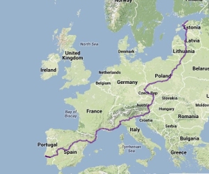 The route I took to cycle across Europe from its southwestern to its northeastern point.